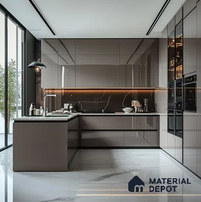 Luxurious Taupe Glossy Solid Laminate Kitchen with Marble Finish Accents | Material Depot