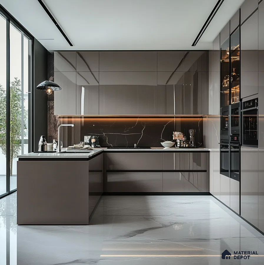 Luxurious Taupe Glossy Solid Laminate Kitchen with Marble Finish Accents | Material Depot