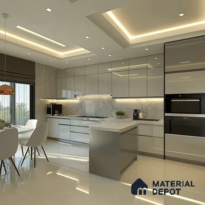 Luxurious White Marble Kitchen with Glossy Cabinets | Material Depot
