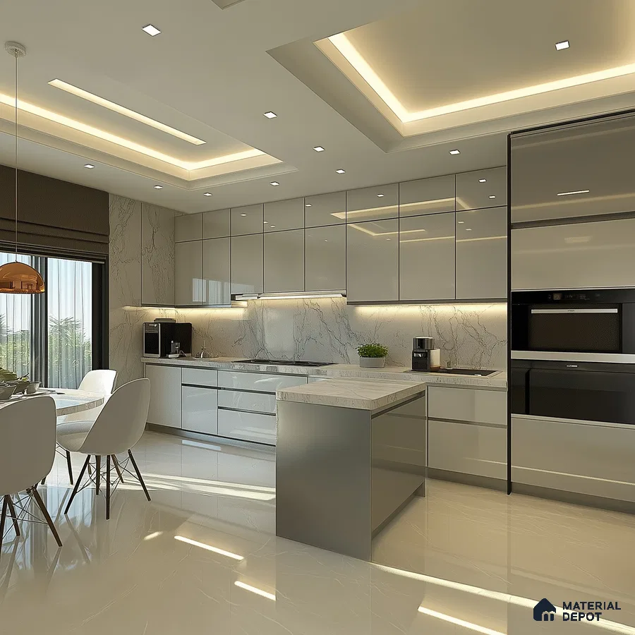 Luxurious White Marble Kitchen with Glossy Cabinets | Material Depot