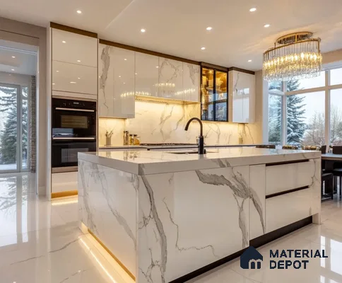 Luxurious White Marble Kitchen with Golden Accents and Opulent Chandelier | Material Depot