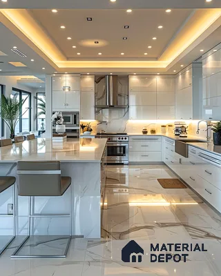 Luxurious White Open-Plan Kitchen with Waterfall Countertop | Material Depot