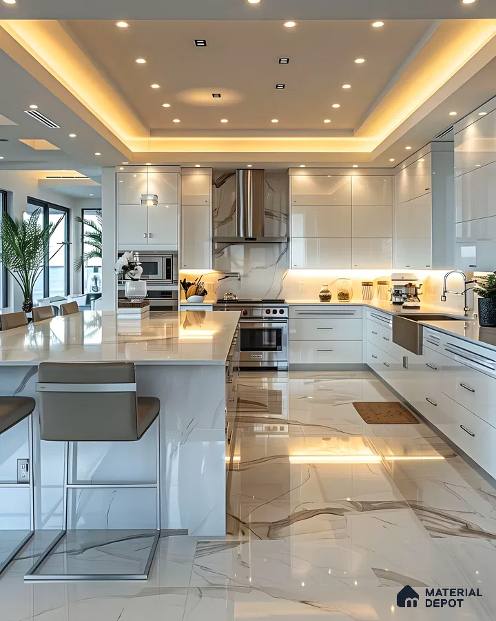Luxurious White Open-Plan Kitchen with Waterfall Countertop | Material Depot