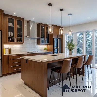 Luxurious Wood-Tone Kitchen with Elegant Seating and Natural Light | Material Depot