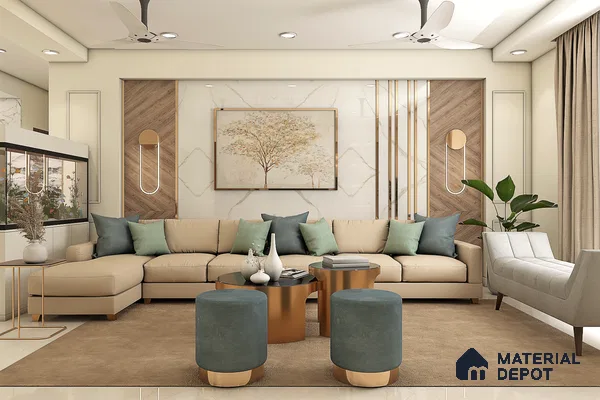 Contemporary living room with L-shaped sofa, daybed, and chic decor