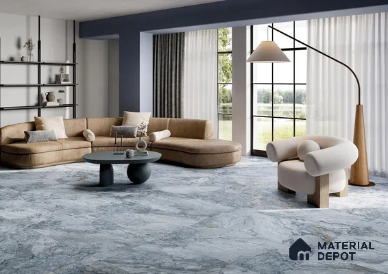 Living room with marble tile floor
