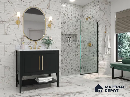 Bathroom with hexagonal tiles and marble floor