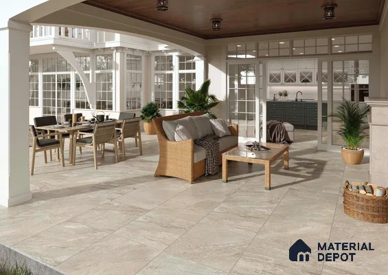 Outdoor area with grey marble tiles and beige laminate