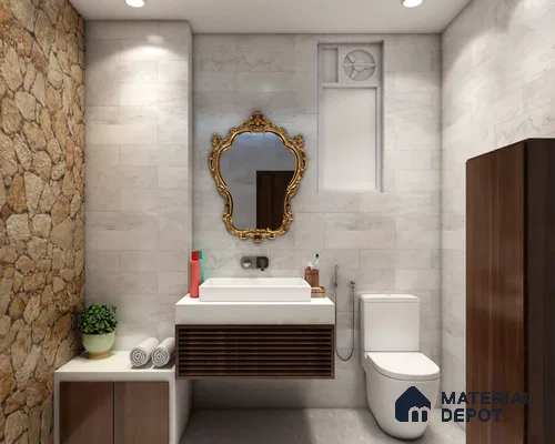 Luxurious stone-textured bathroom.