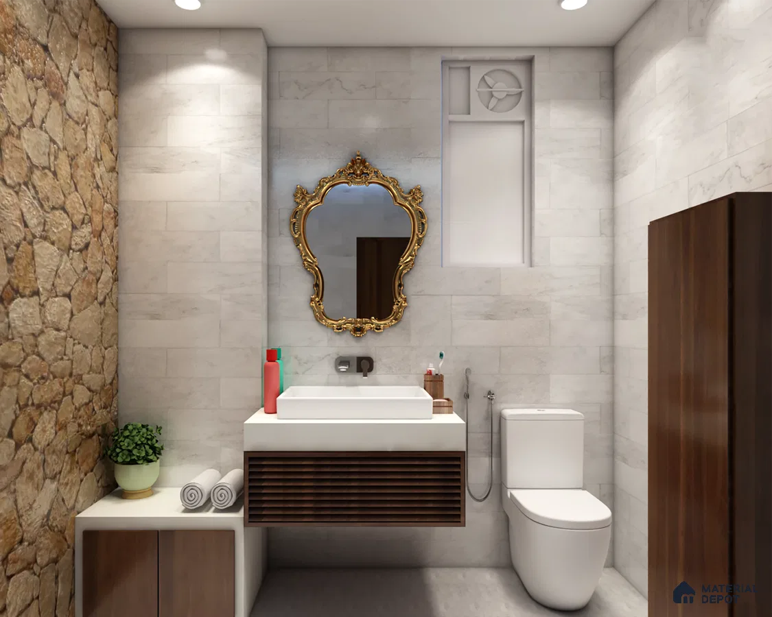 Luxurious stone-textured bathroom.