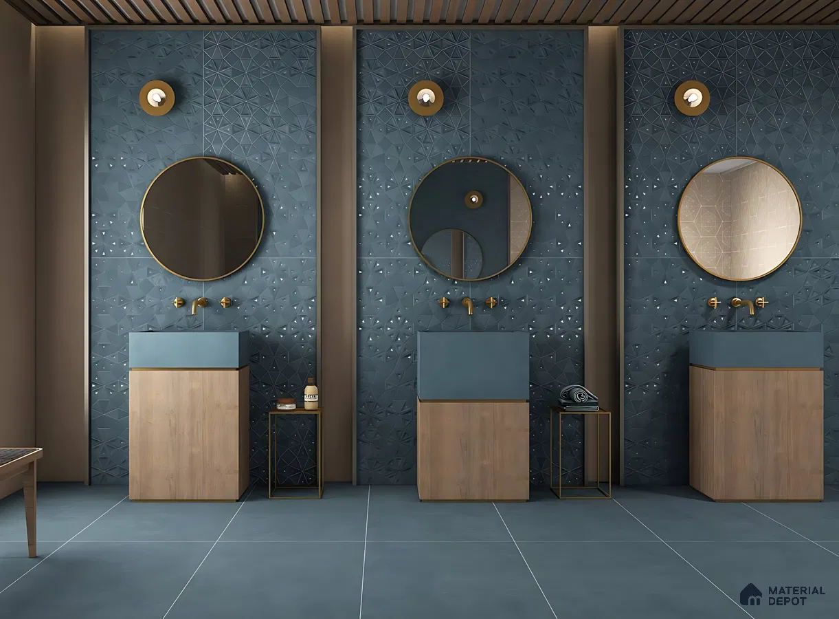 Luxury Bathroom with Deep Blue 3D Geometric Wall Tiles and Matte Blue Flooring – Bold & Modern Design | Material Depot