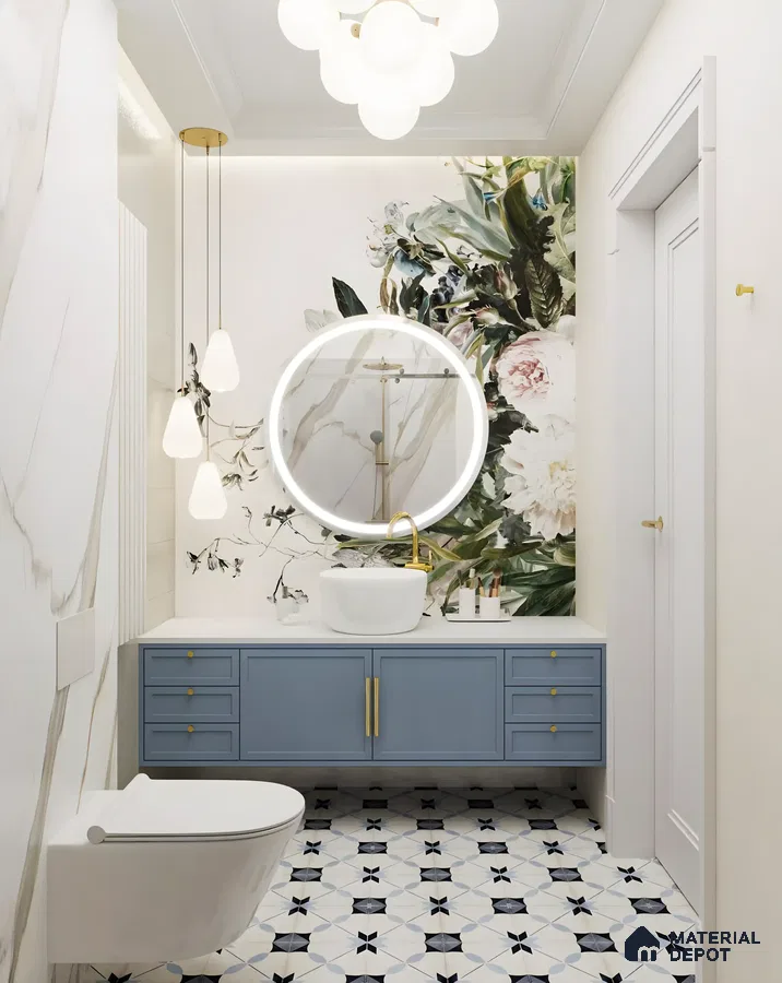Luxury Bathroom With Geometric Floor Tiles | Material Depot