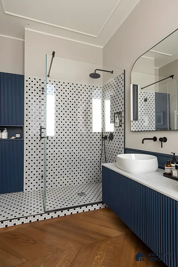 Luxury Bathroom Design with herringbone tile and Patterned Circular Tile Prestige Waterford Whitefield | Material Depot