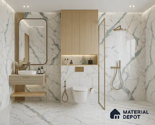 Luxury Bathroom with Marble Finish Walls and Modern Shower Enclosure | Material Depot