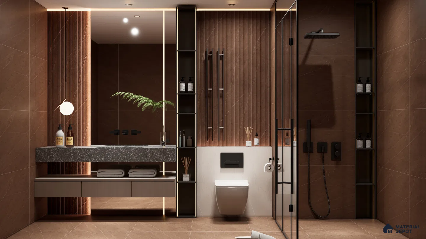 Luxury Bathroom with Warm Brown Tones and Fluted Paneling | Material Depot