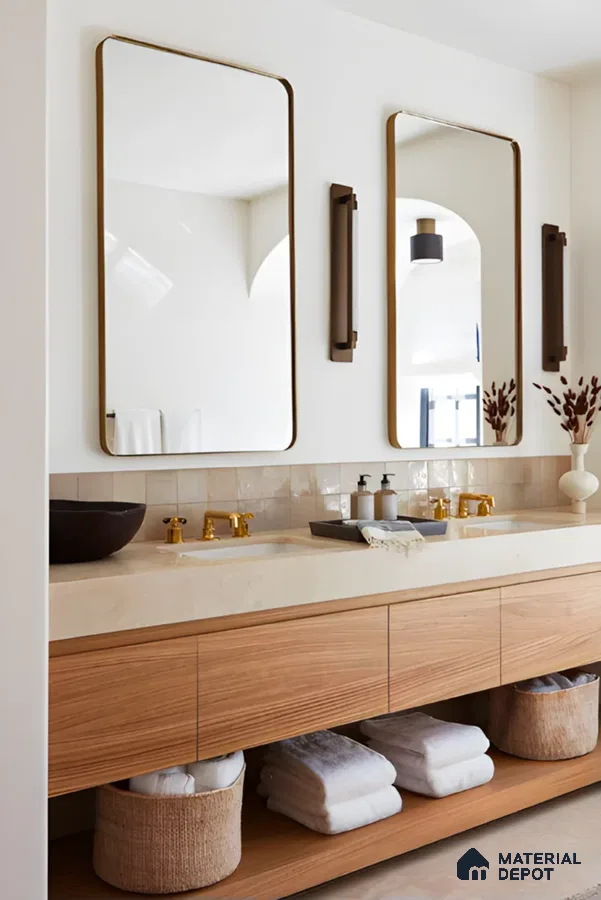 Luxury Bathroom With Wooden Vanity And Marble Countertop | Material Depot
