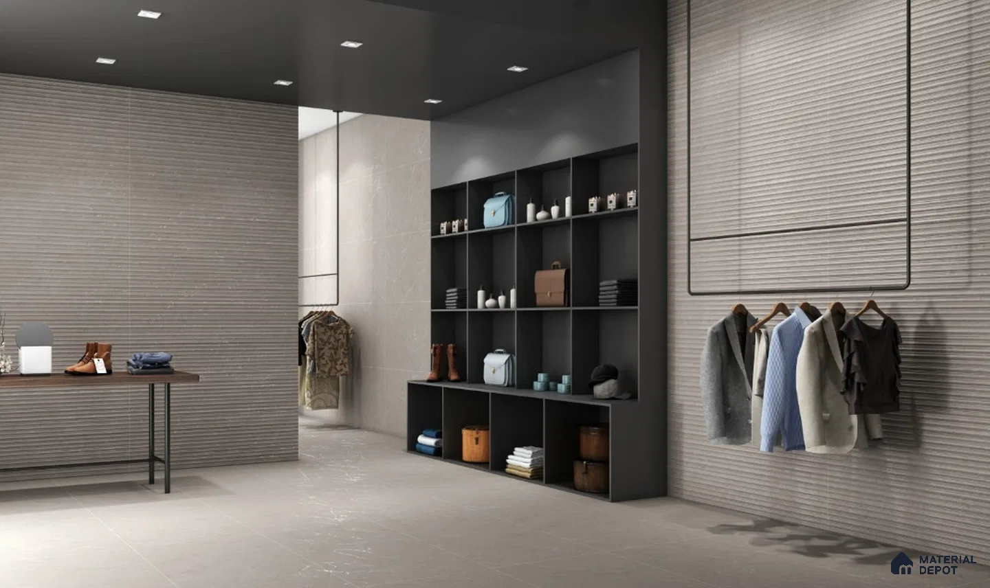Luxury Boutique with Fluted Grey Wall Tiles and Minimalist Shelving | Material Depot
