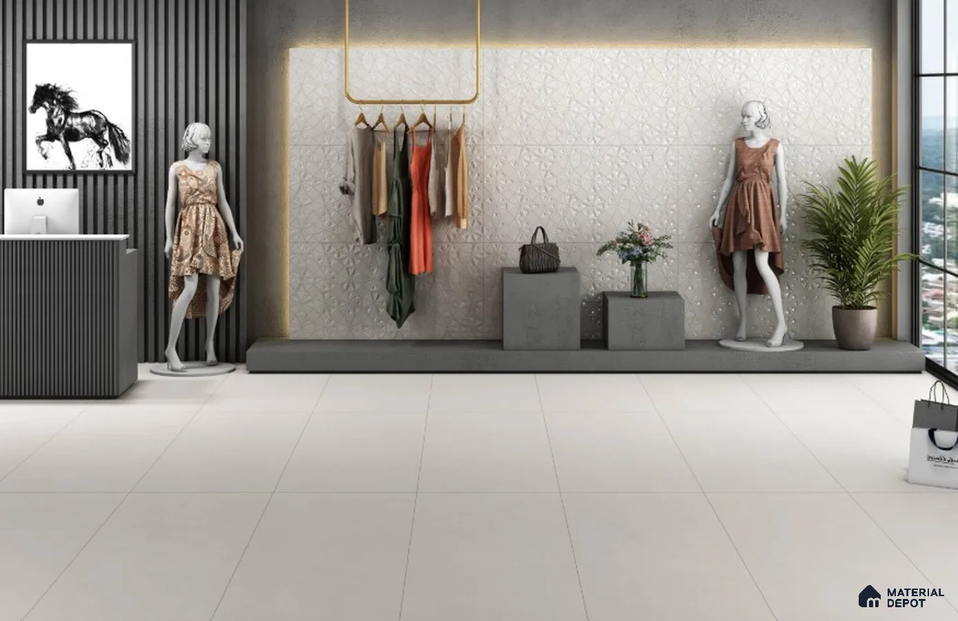 Luxury Boutique with White 3D Accent Wall and Modern Minimalist Interiors – Stylish & Sophisticated | Material Depot