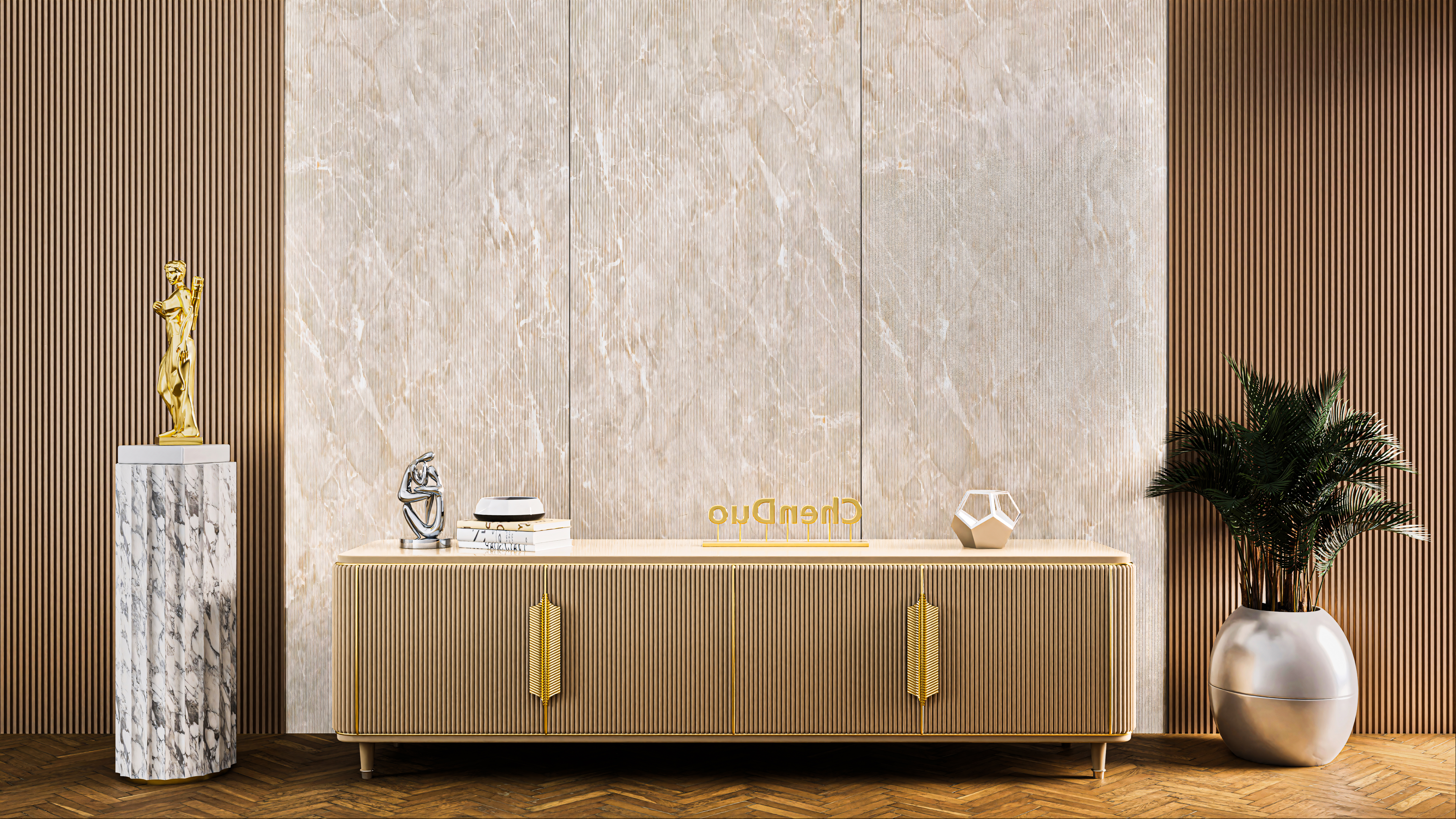 Luxury Console Setup with Fluted Panels and Marble Accents | Material Depot