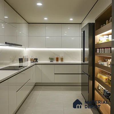 Luxury Dark Kitchen with Marble Backsplash and Glass Cabinets | Material Depot