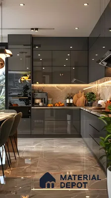 Luxury Gloss: Deep Charcoal Kitchen With Marble Accents | Material Depot