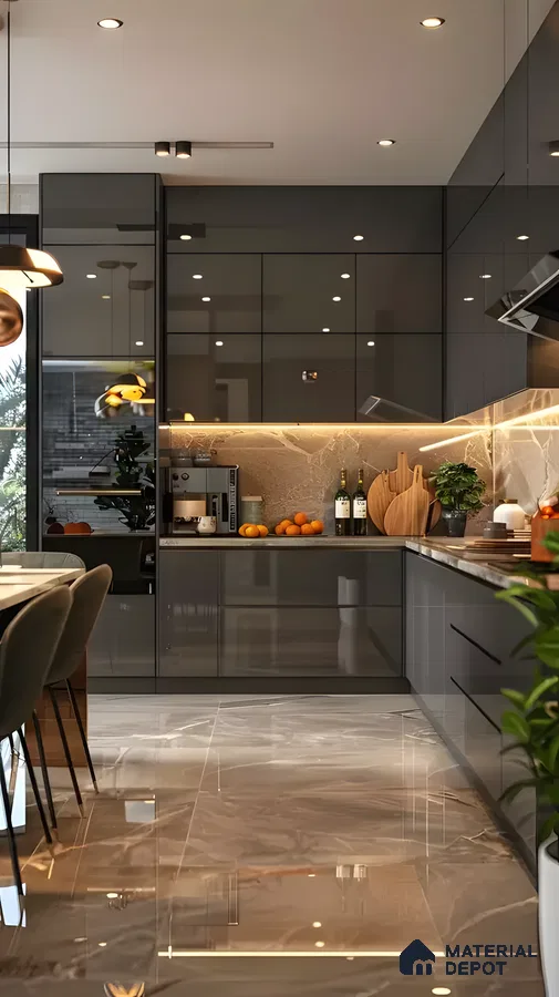Luxury Gloss: Deep Charcoal Kitchen With Marble Accents | Material Depot