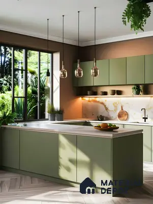 Luxury Glossy Green Kitchen With Rustic Grey Floor Tiles | Material Depot