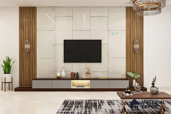 Premium TV Unit with Beige Wall Panel and Pendant Light.