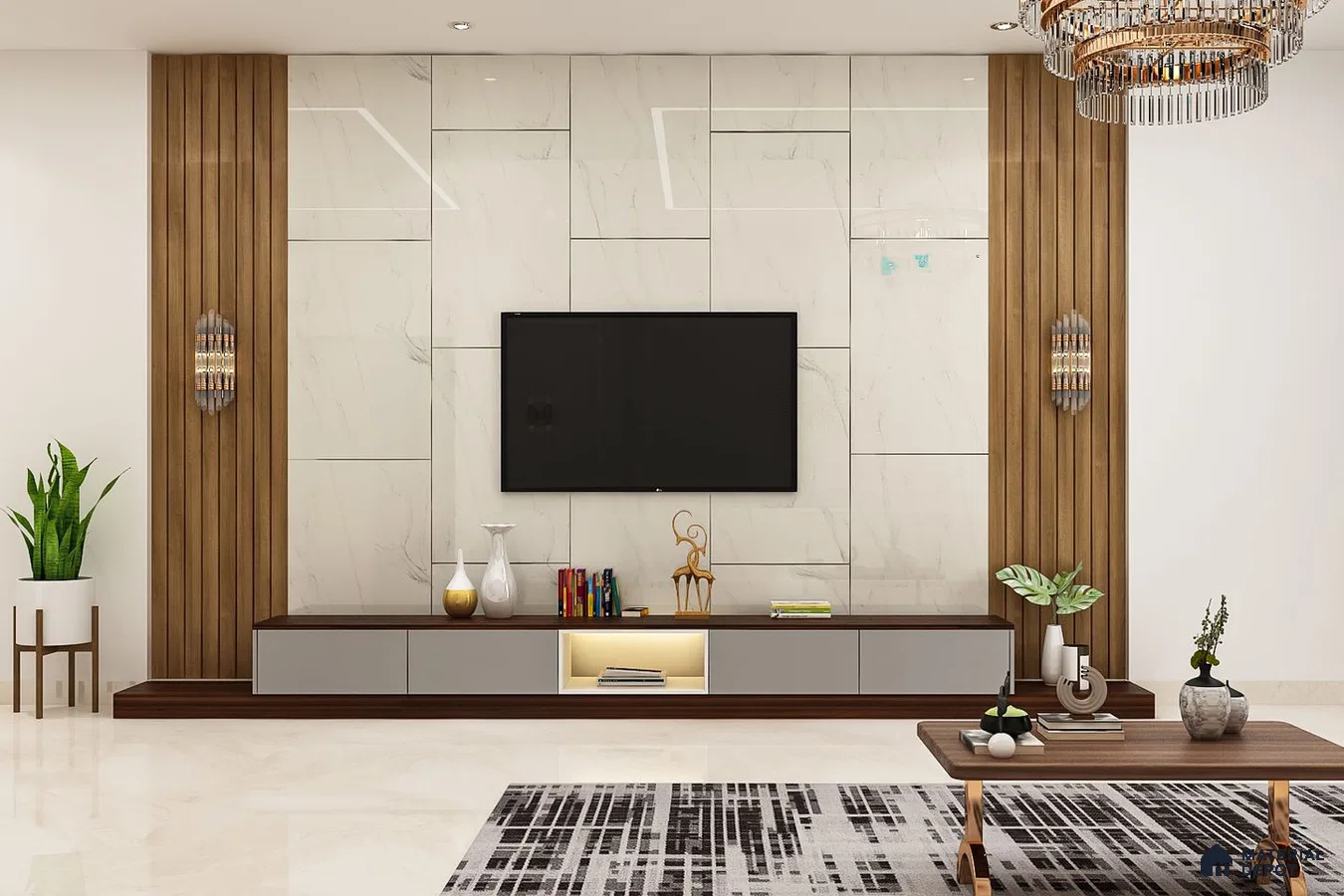 Premium TV Unit with Beige Wall Panel and Pendant Light.