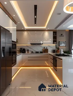 Luxury Glow: White Gloss Kitchen With Golden Undercabinet Lighting | Material Depot