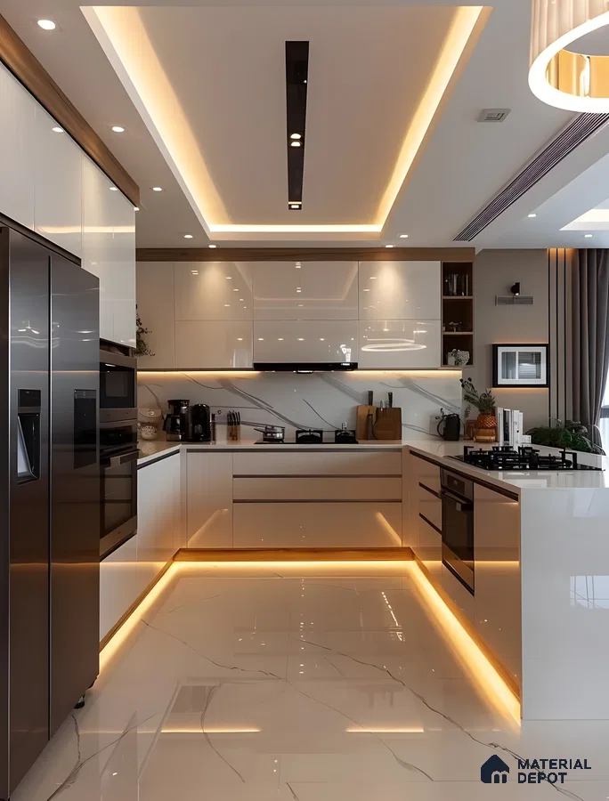 Luxury Glow: White Gloss Kitchen With Golden Undercabinet Lighting | Material Depot