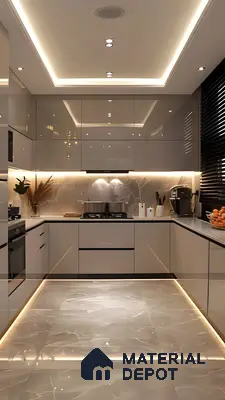 Luxury Grey High-Gloss Kitchen With Ambient Cove Lighting | Material Depot