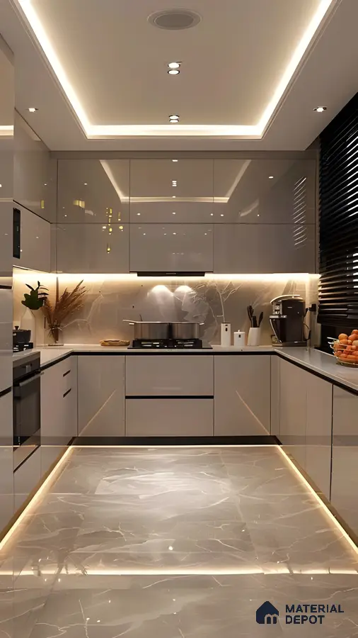 Luxury Grey High-Gloss Kitchen With Ambient Cove Lighting | Material Depot