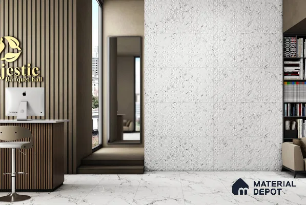 Luxury Hall with White 3D Marble Accent Wall and Fluted Wooden Panels – Elegant & Modern Design | Material Depot