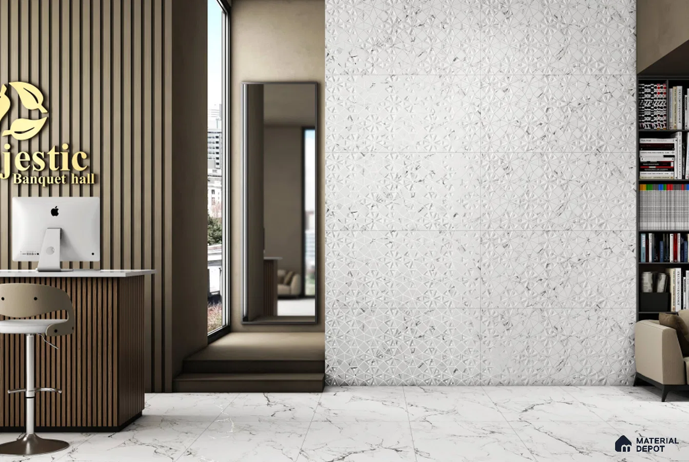 Luxury Hall with White 3D Marble Accent Wall and Fluted Wooden Panels – Elegant & Modern Design | Material Depot