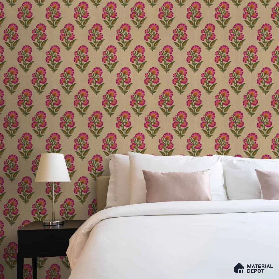 A close-up of a Indian Floral Theme Repeat Design Wallpaper, Luxury 19.6 Inches(W) x 420 Inches(H) Sparkla N Shine Series Florals Patterned - 57 Sq. Ft. with a finish available at Material Depot in Bangalore
