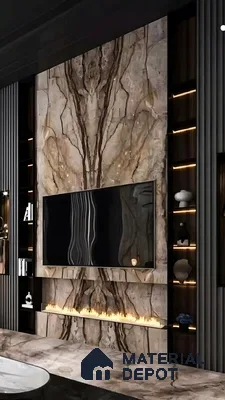 Luxury Living Room with Marble Feature Wall and Fireplace | Material Depot
