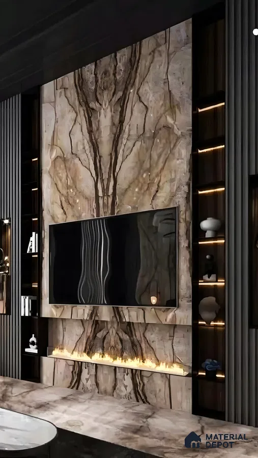 Luxury Living Room with Marble Feature Wall and Fireplace | Material Depot