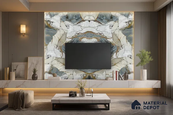Dark Luxe Living Room with Black and Gold Marble TV Wall | Material Depot
