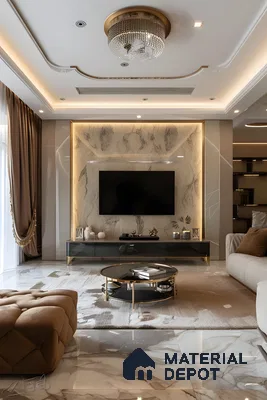 Luxury Tv Wall With Marble Backdrop And Gold Accents | Material Depot