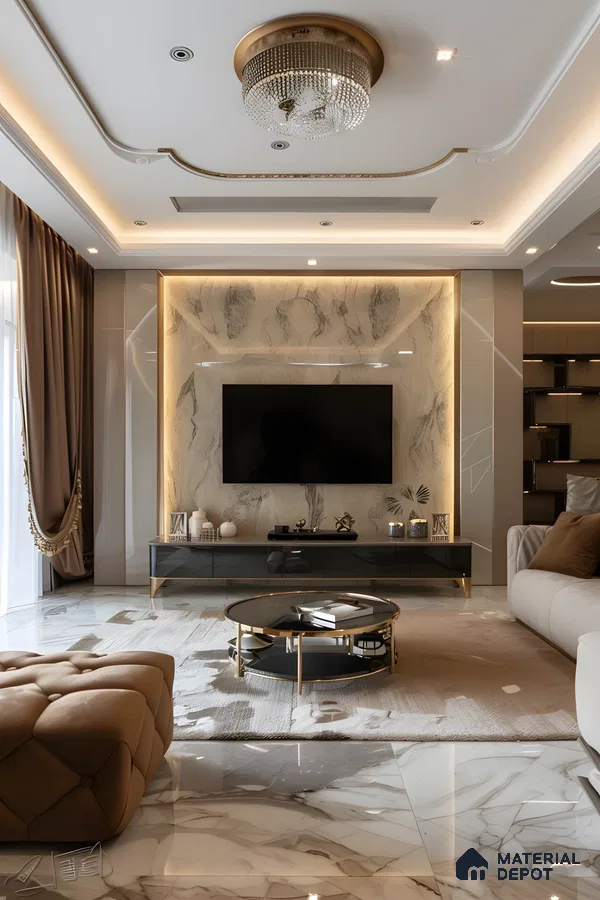 Luxury Tv Wall With Marble Backdrop And Gold Accents | Material Depot