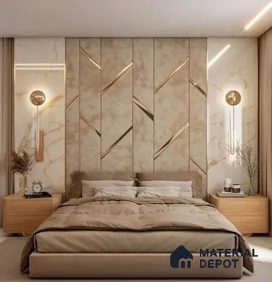 Luxury Master Bedroom with Marble and Gold Accent Panel in 3BHK Apartment, Sumadhura Silver Ripples Whitefield | Material Depot