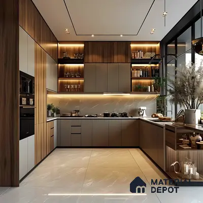 Luxury Matte Taupe And Walnut Kitchen With Ambient Shelf Lighting And Marble Backsplash | Material Depot