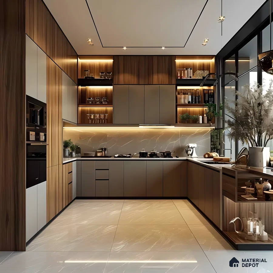 Luxury Matte Taupe And Walnut Kitchen With Ambient Shelf Lighting And Marble Backsplash | Material Depot