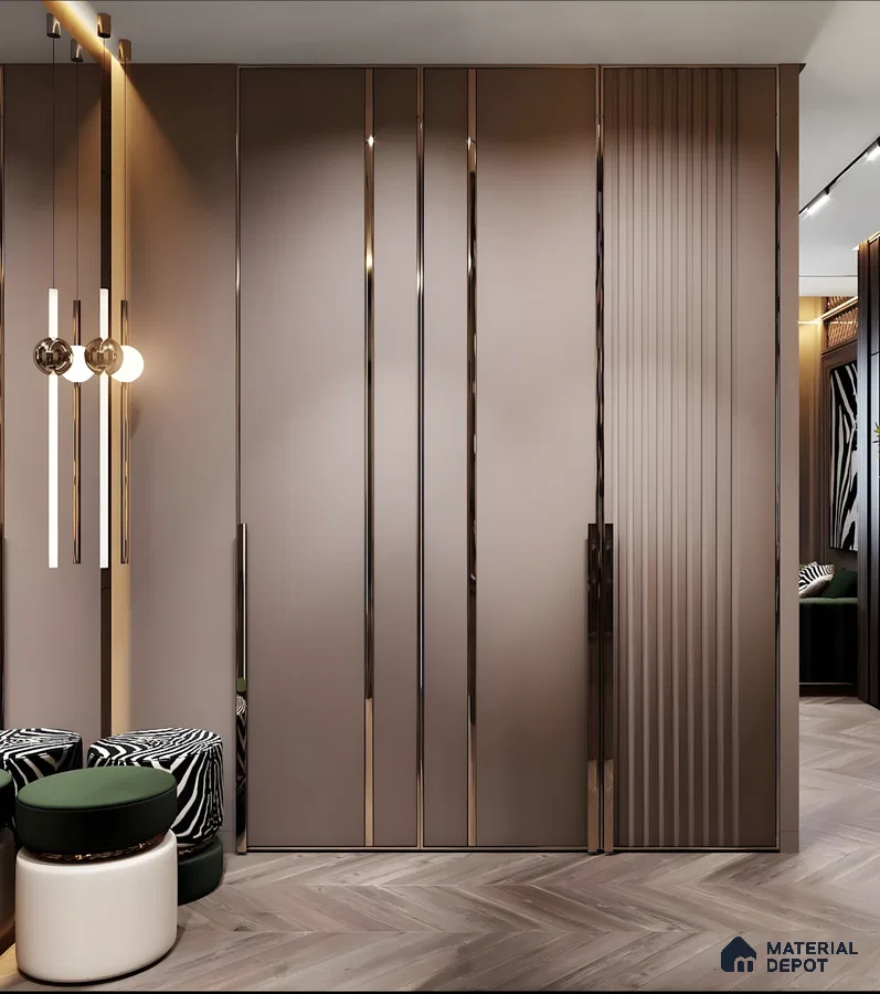 Luxury Modern Wardrobe Design With Glossy Metallic Accents And Herringbone Flooring | Material Depot