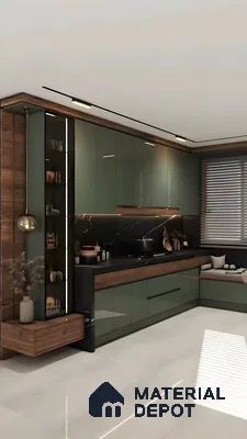 Luxury Modular Kitchen With Glossy Olive Green Cabinets, Black Marble Backsplash, And Warm Wood Accents | Material Depot