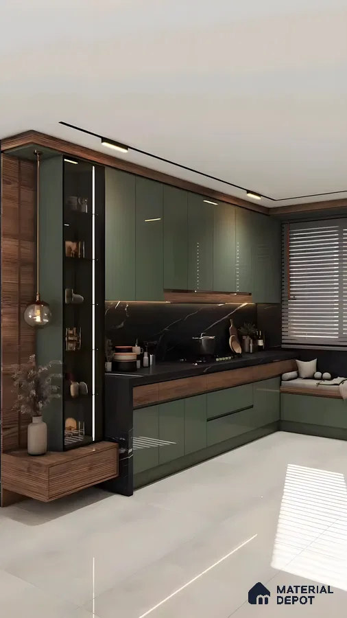 Luxury Modular Kitchen With Glossy Olive Green Cabinets, Black Marble Backsplash, And Warm Wood Accents | Material Depot
