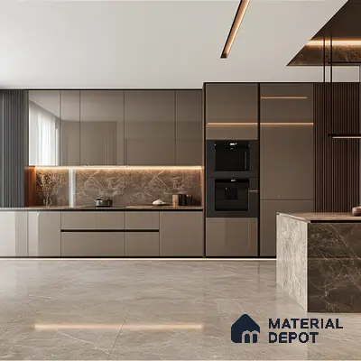 Luxury Redefined: Exquisite Kitchen with Marble Highlights and Dark Wood Accents | Material Depot