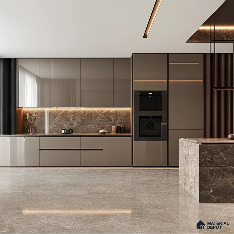 Luxury Redefined: Exquisite Kitchen with Marble Highlights and Dark Wood Accents | Material Depot