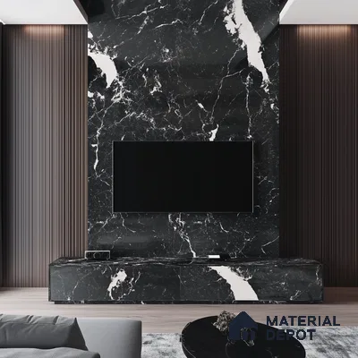 Luxury TV Unit With White Marble Laminate And Natural Wood Finishes | Material Depot